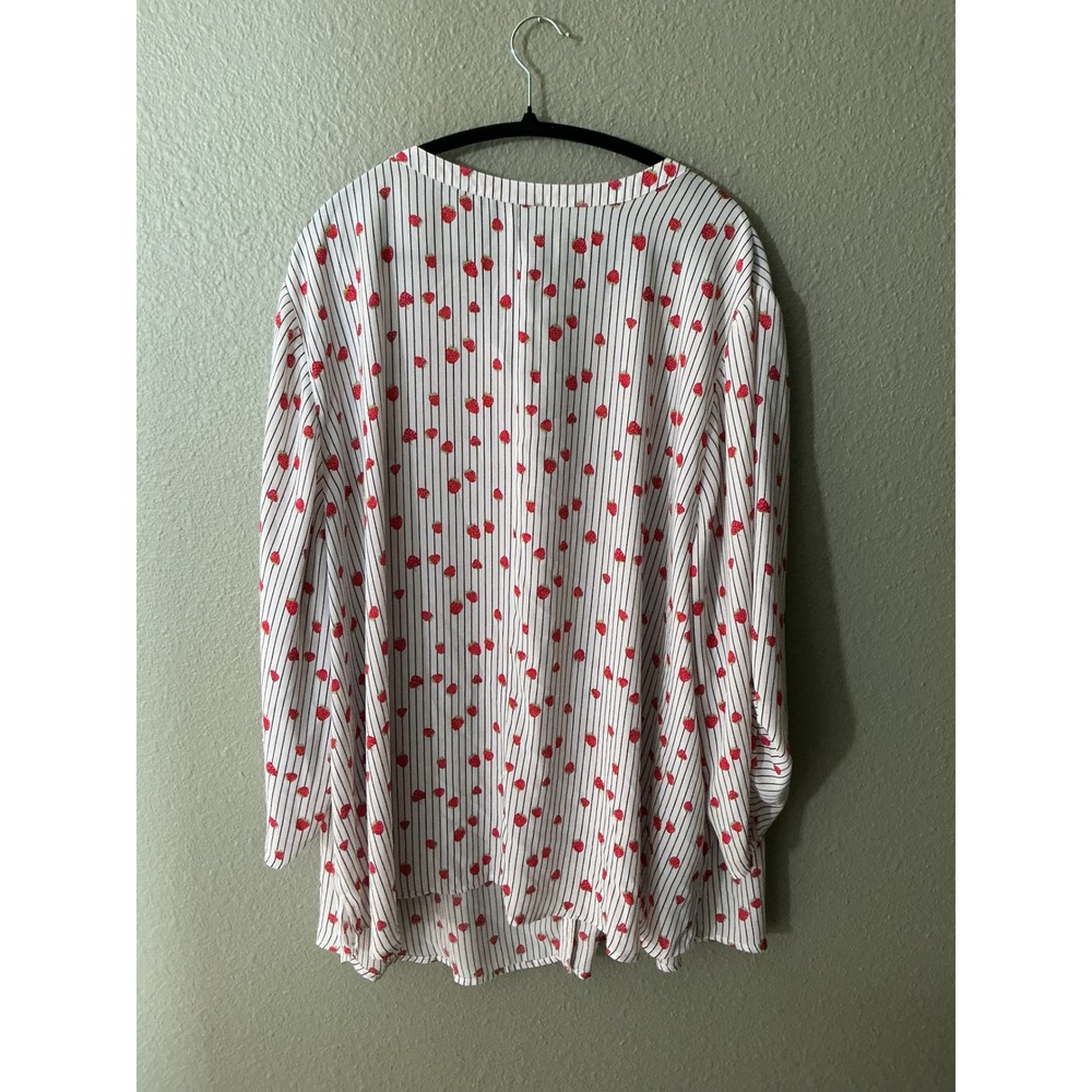 Catherines Strawberry Stripe Button Down Blouse Women 4X 30/32W Red Black White - Picture 2 of 6